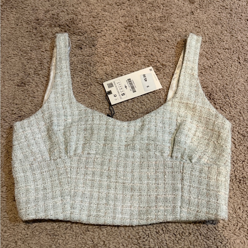 Zara Woven Cropped Tank Top Bralette in Light Sage/Ivory Size Small New NWT